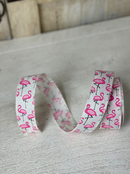 1.5 Inch By 10 Yard Ivory Base With Pink Flamingos Ribbon