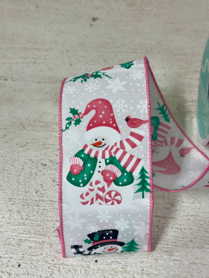 2.5 Inch By 10 Yard Ice Blue And Pink Snowman Ribbon