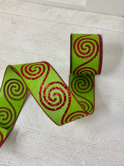 2.5 Inch By 10 Yard Red And Lime Green Large Swirl Ribbon