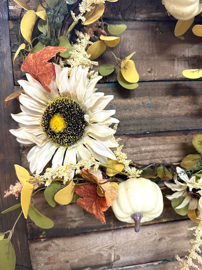 Floral White Pumpkin Sunflower Wreath