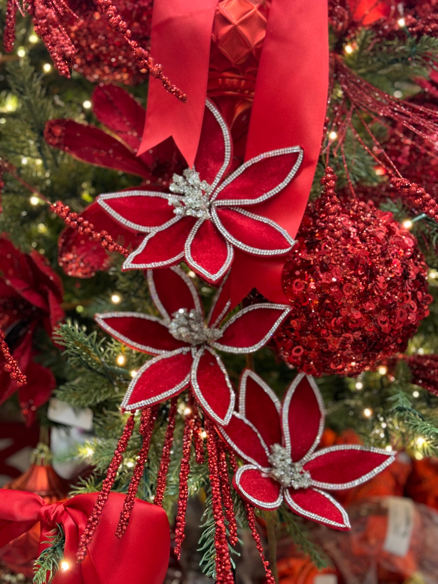 24 Inch Red Velvet Poinsettia Stem With Silver Jewels