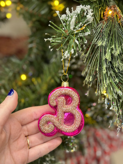 Barbie 'B' Pink Glitter Glass Ornament