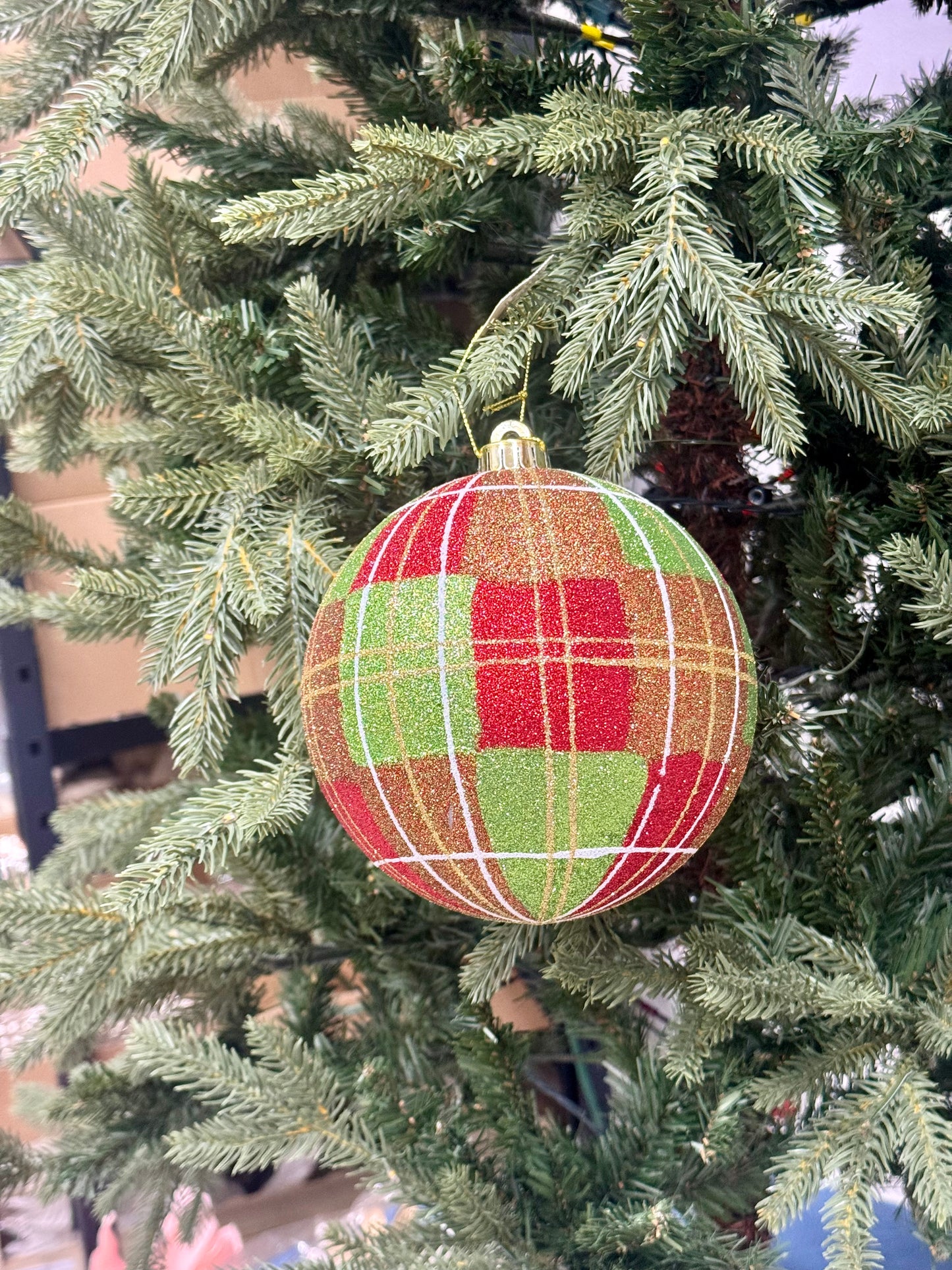 6 Inch Lime Green And Red Plaid Glitter Ornament Ball