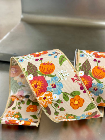 2.5 Inch By 10 Yard Beige And Rust Graphic Floral Ribbon