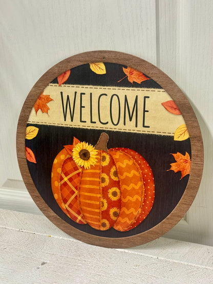 12 Inch Welcome Quilted Patch Pumpkin Metal Sign