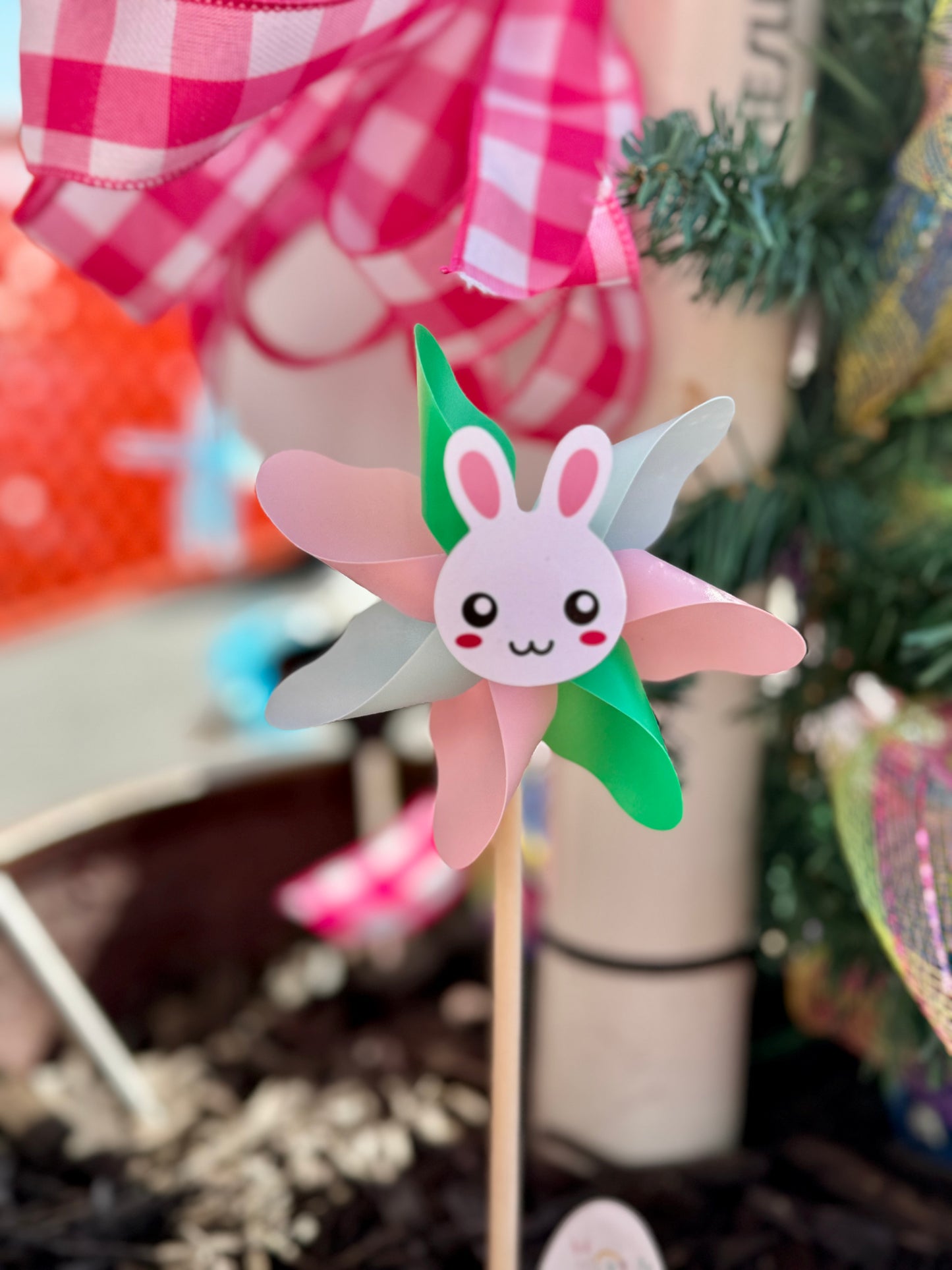 Green Blue And Pink Pinwheel With Easter Bunny