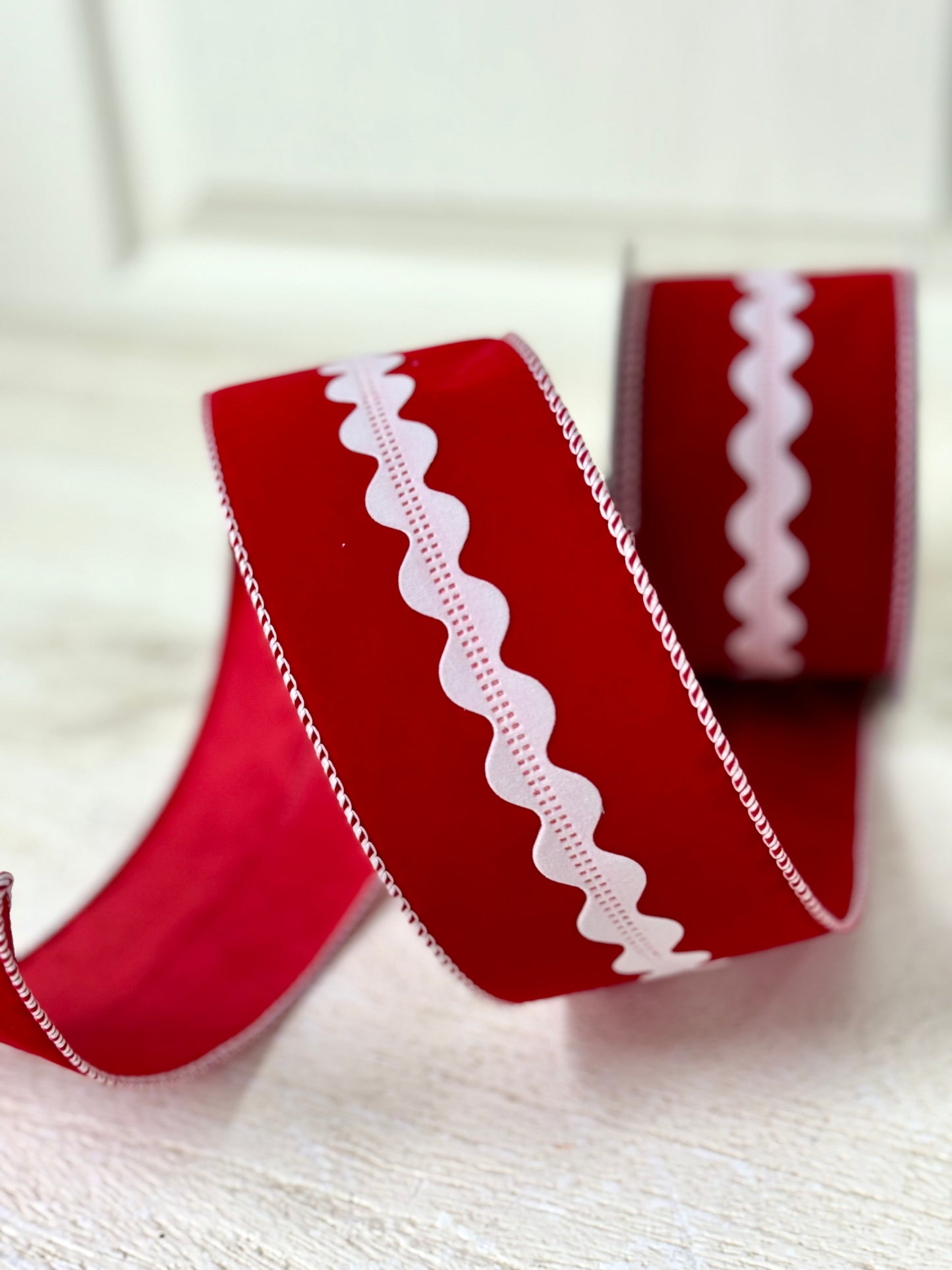 2.5 Inch By 10 Yards Red Velvet With White Rick Rack Stripe Ribbon