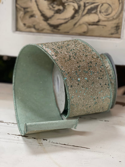 4 Inch By 10 Yard Gold Glitter Background With Sage Sequin Ribbon