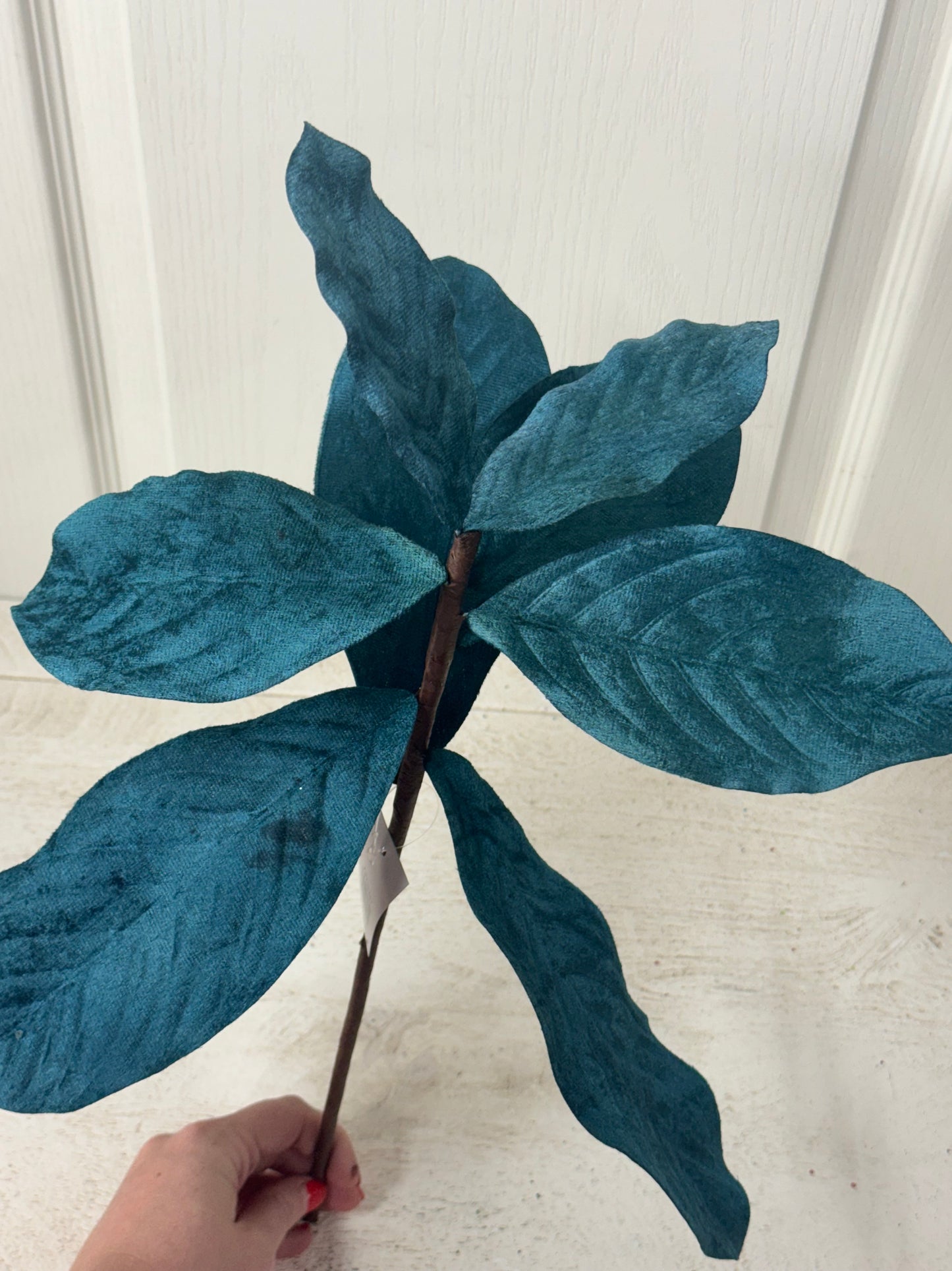 19 Inch Smoke Blue Velvet Magnolia Leaf Spray