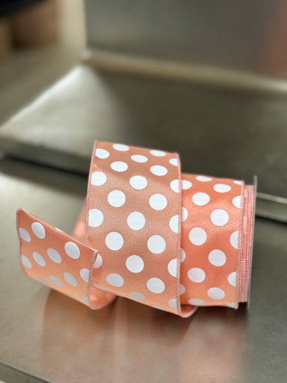 2.5 Inch By 10 Yard Peach And White Large Polka Dot Ribbon