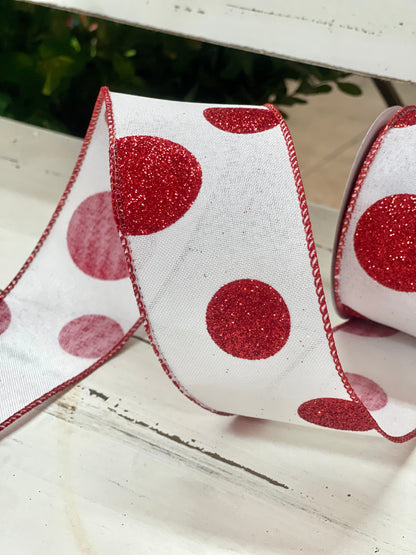 2.5 Inch By 10 Yard White Background With Red Polka Dots Ribbon