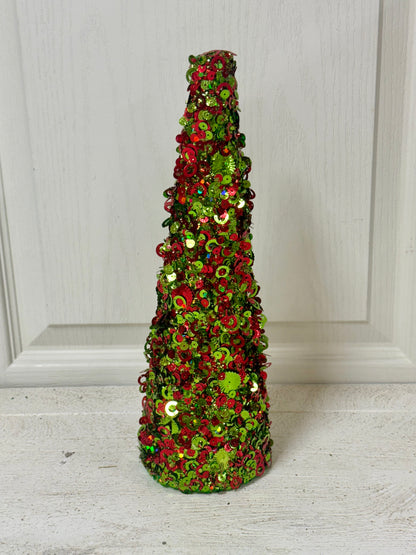 12 Inch Lime And Red Sequin Glitter Cone Tree