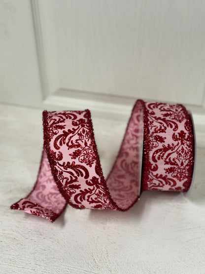 2.5 Inch By 10 Yard Soft Pink And Red Damask Dupioni With Red Tinsel Edge Ribbon