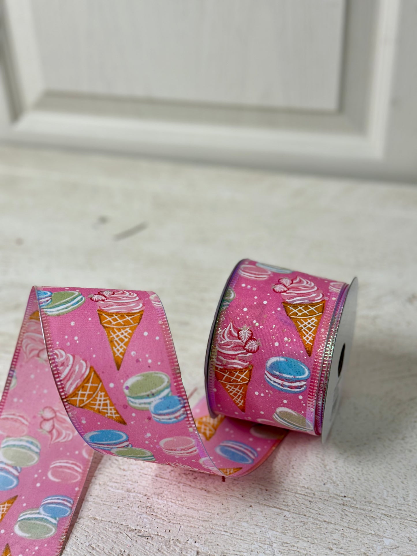 2.5 Inch By 10 Yard Pink Ice Cream Cones And Macaroons Ribbon