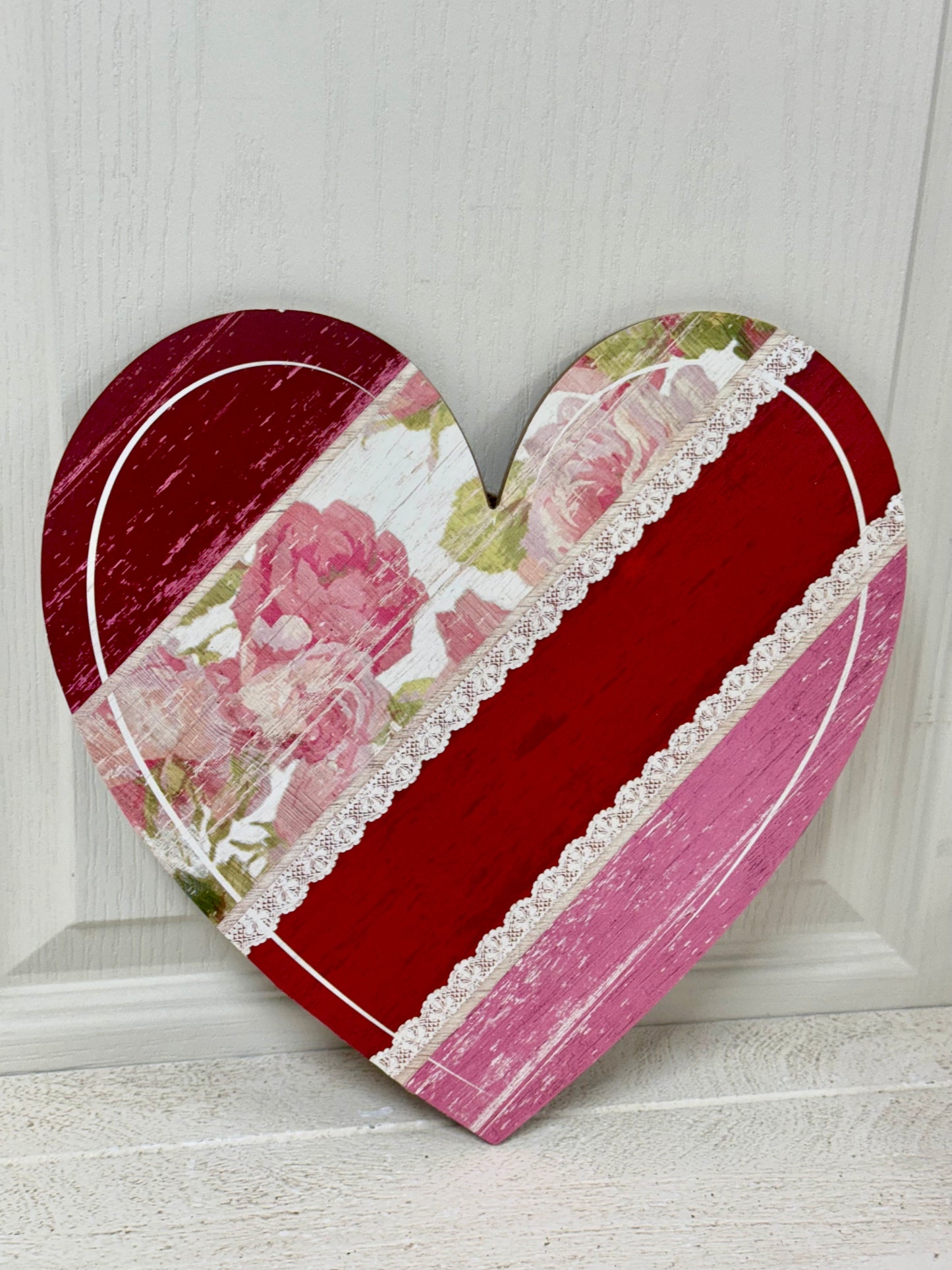 12 Inch Red Pink Floral Heart Wooden Sign