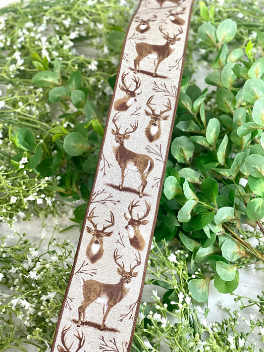 2.5 Inch By 10 Yard Tan Background With Deer Details Ribbon