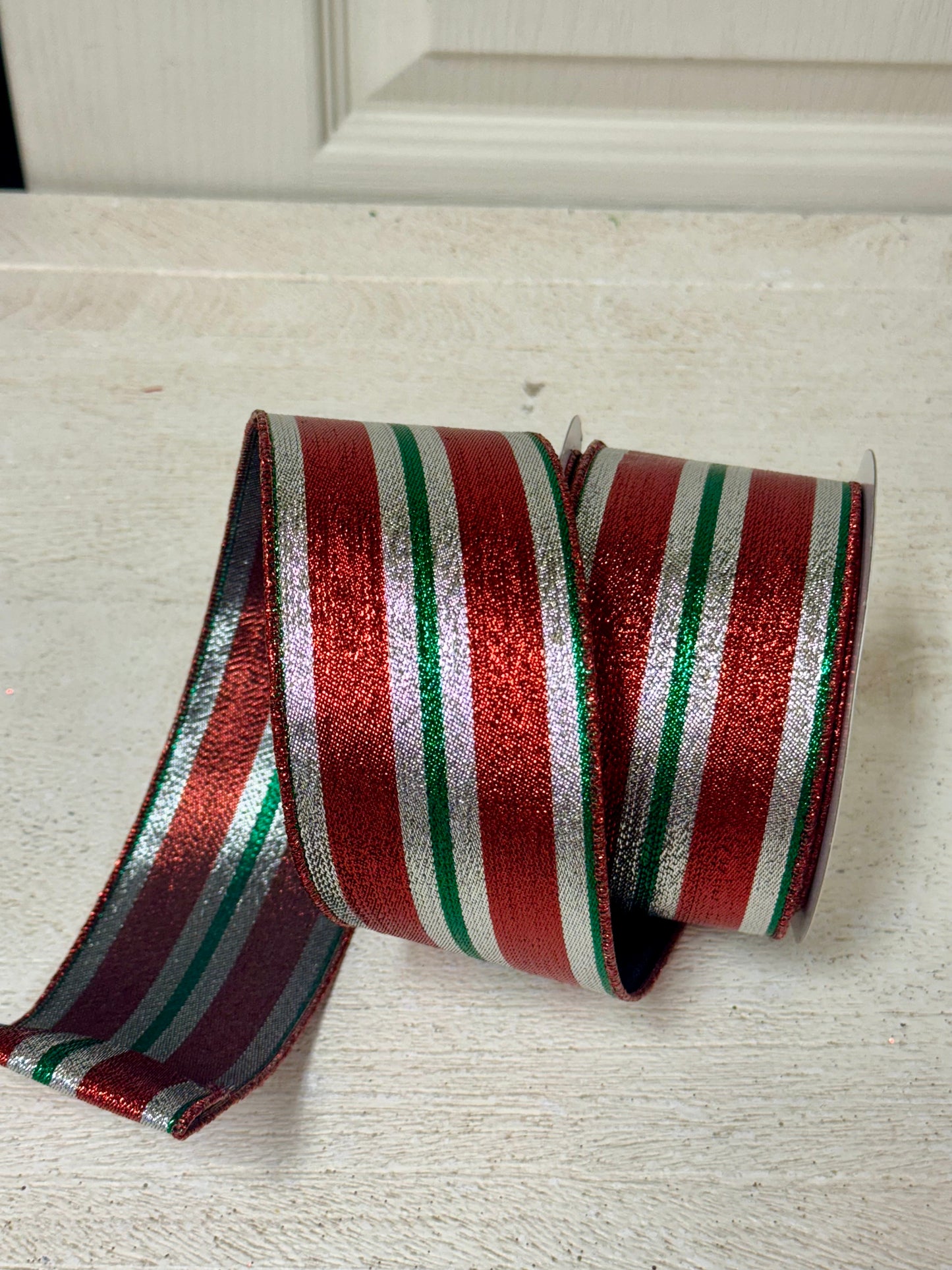 2.5 Inch By 10 Yard Red Silver And Emerald Metallic Stripe Ribbon