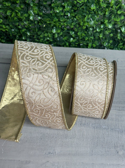 2.5 Inch By 10 Yard Ivory With Gold Jacquard Fused Backing Ribbon