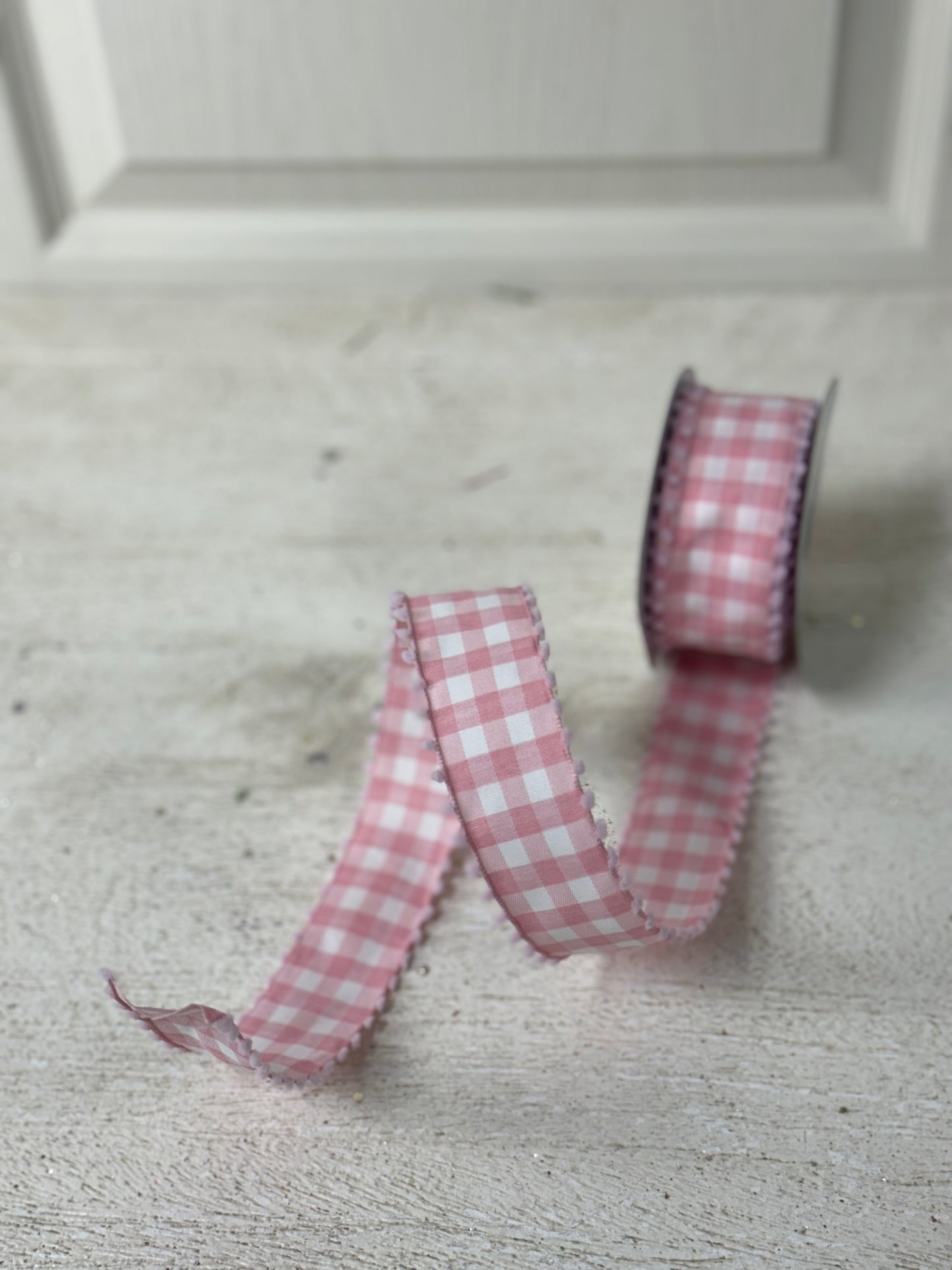 1.5 Inch By 10 Yard Pink And White Check Ribbon With White Pom Pom