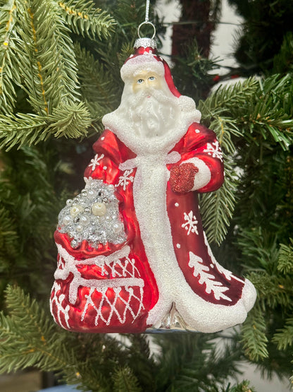 7.25 Inch Red Silver And White Santa Glass Ornament