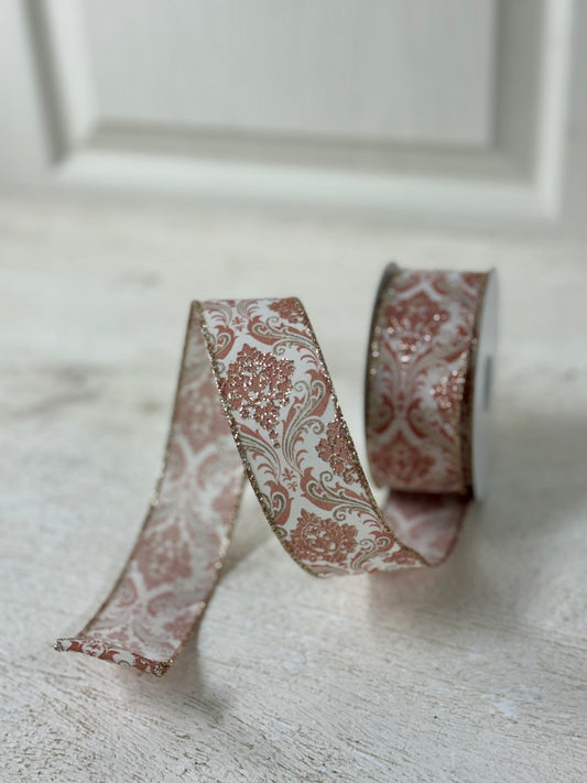 1.5 Inch By 10 Yard Champagne And Blush Pink Demask Ribbon