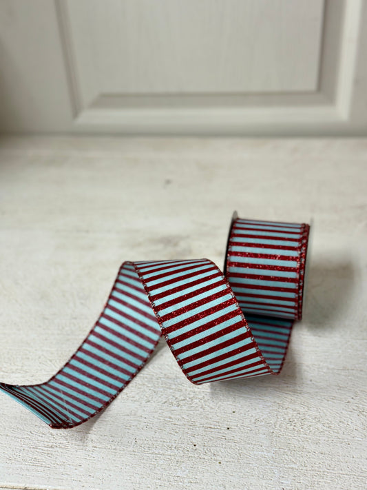 2.5 Inch By 10 Yard Ice Blue And Red Striped Ribbon