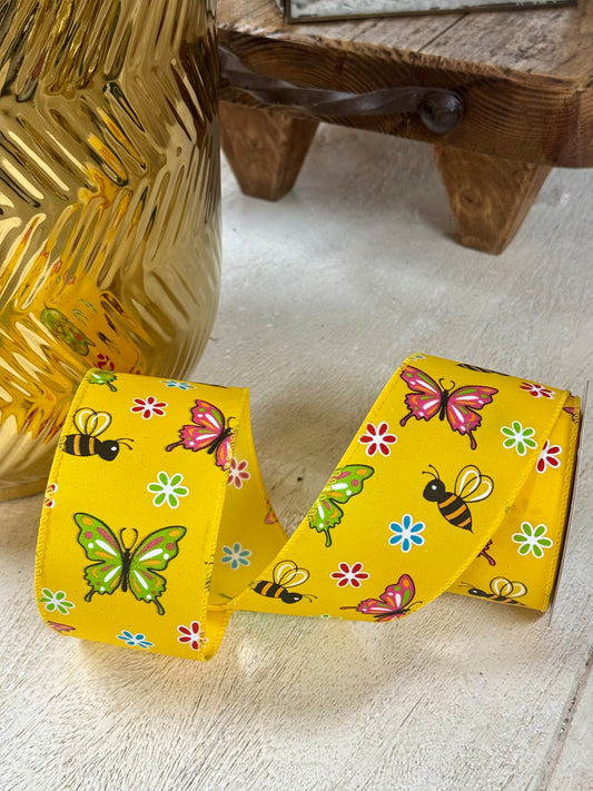 2.5 Inch By 10 Yard Yellow Butterfly And Bees Ribbon