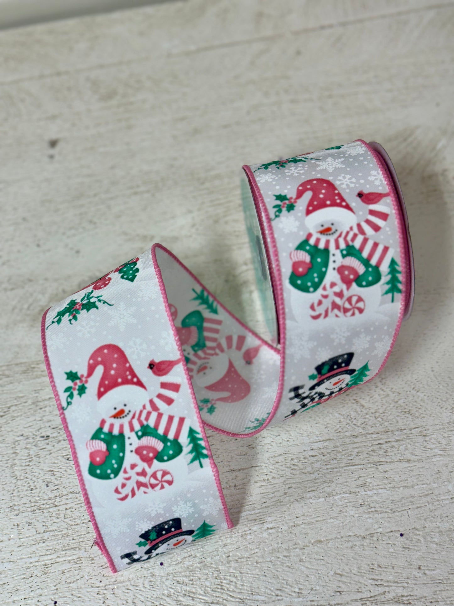 2.5 Inch By 10 Yard Ice Blue And Pink Snowman Ribbon