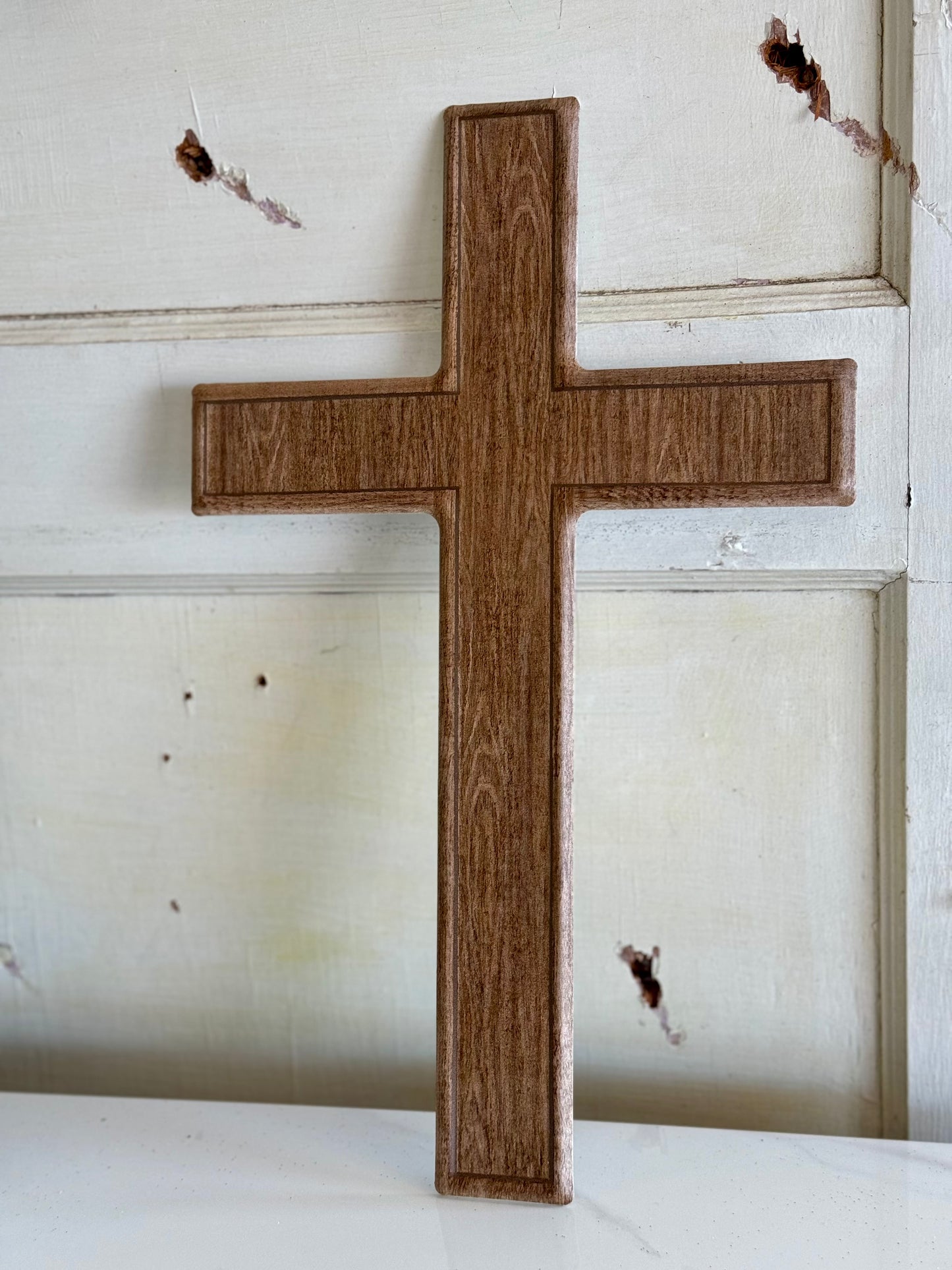 Brown Metal Wood Look Cross Sign