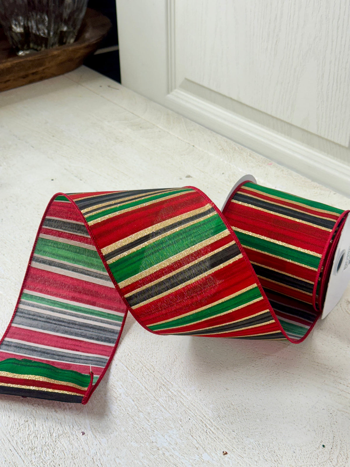 4 Inch By 10 Yard Red Black Emerald Horizontal Stripes Ribbon