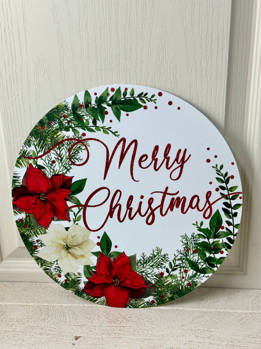 12 Inch Poinsettia Merry Christmas Metal Sign