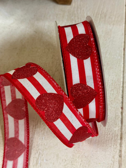 1.5 Inch By 20 Yard Red And White Heart Glitter Stripe Ribbon