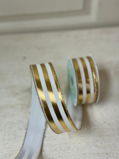 1.5 Inch By 10 Yard White And Gold Vertical Striped Ribbon