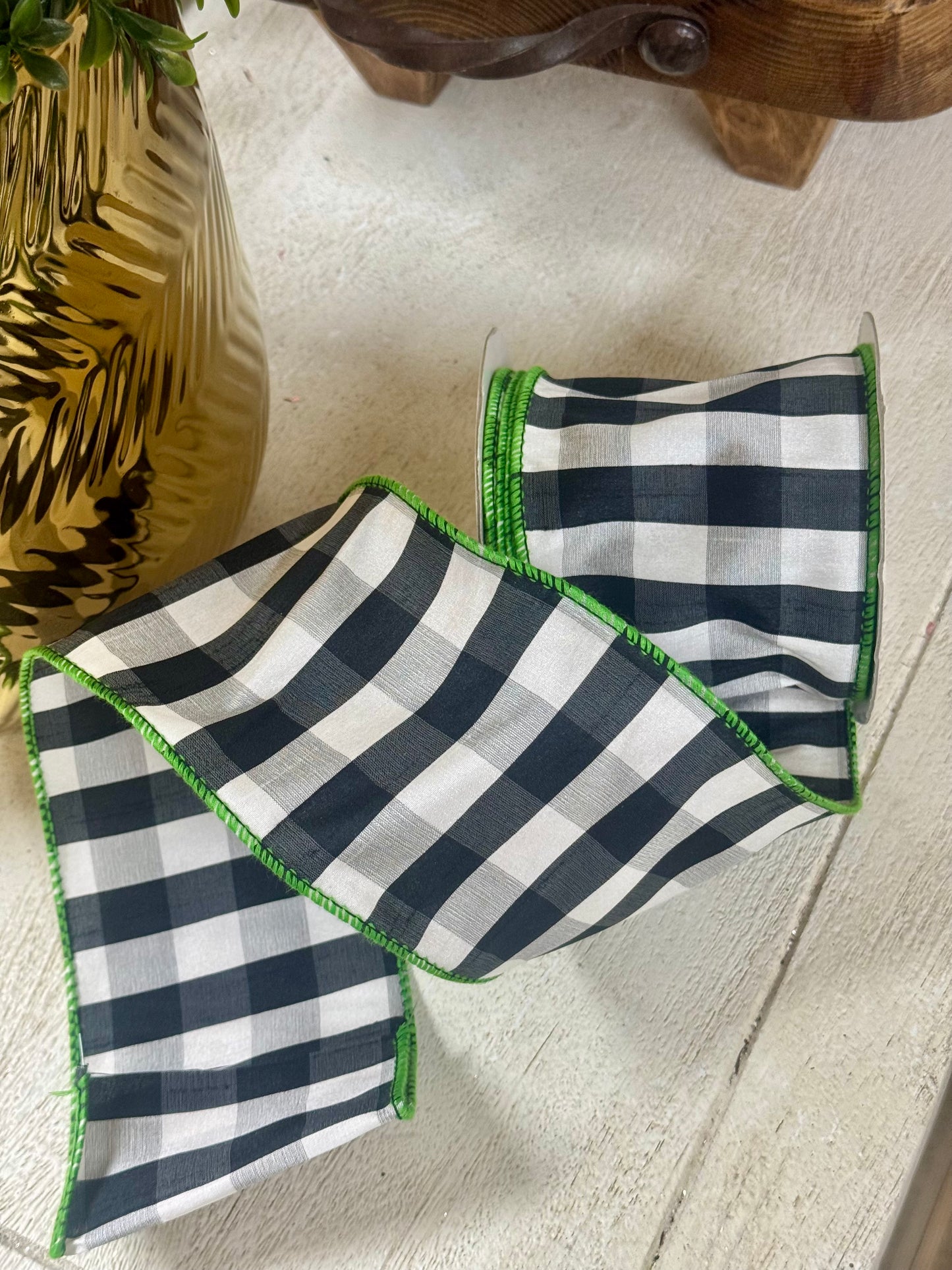 4 Inch By 10 Yard Black And White Gingham Check With Lime Green Edging Ribbon