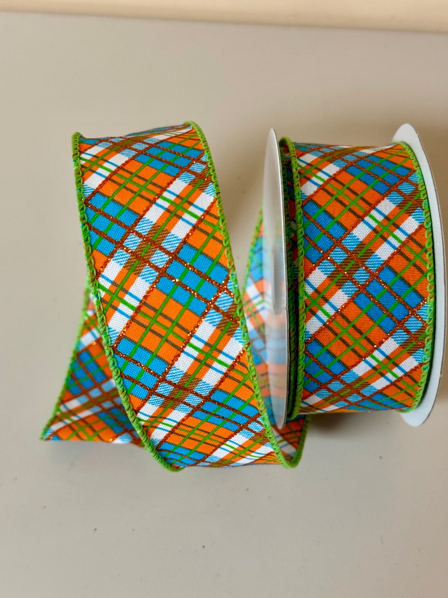 1.5 Inch By 10 Yard Orange Blue Green Plaid Ribbon