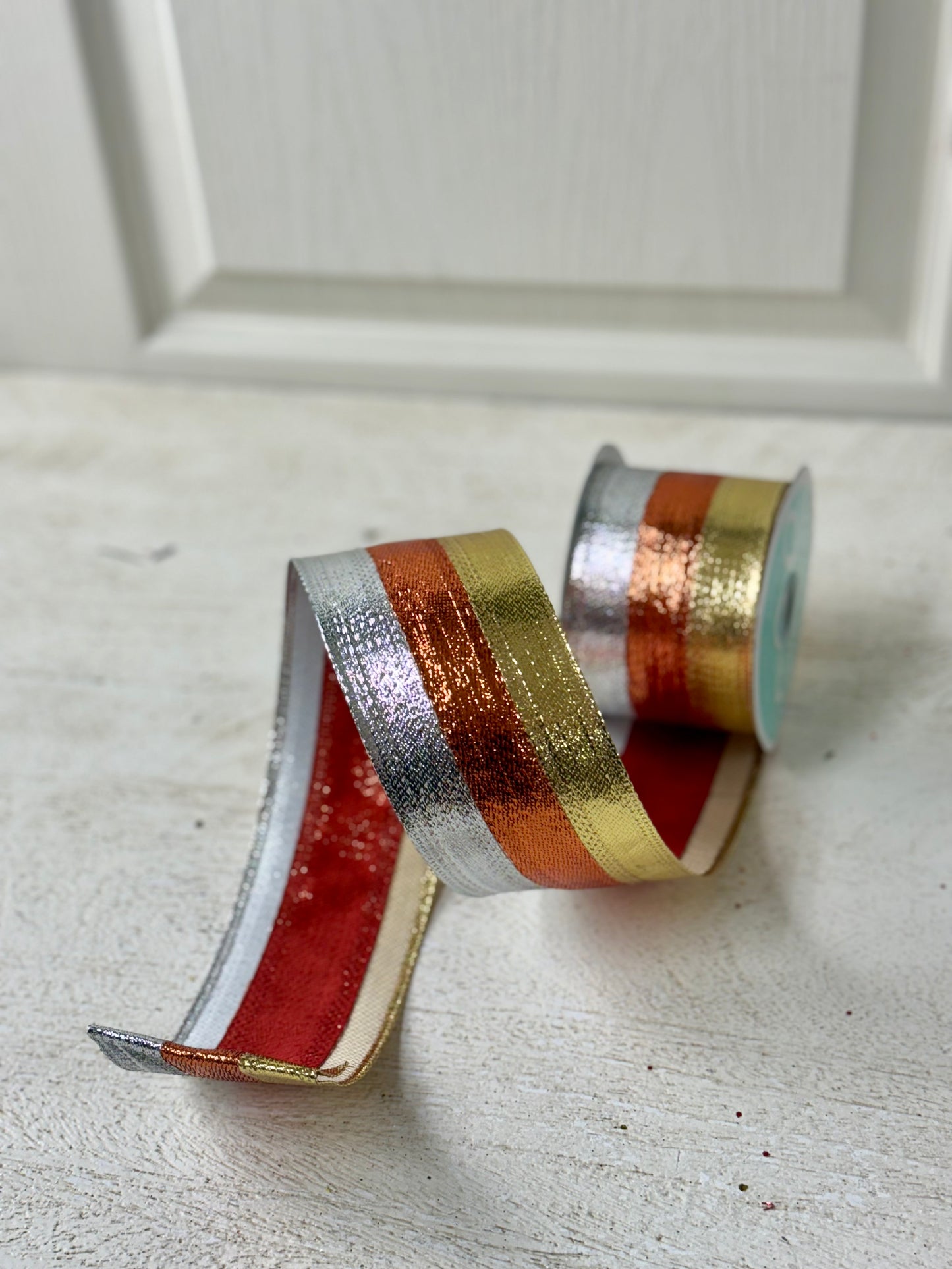 2.5 Inch By 10 Yard Silver Copper And Gold Striped Metallic Ribbon