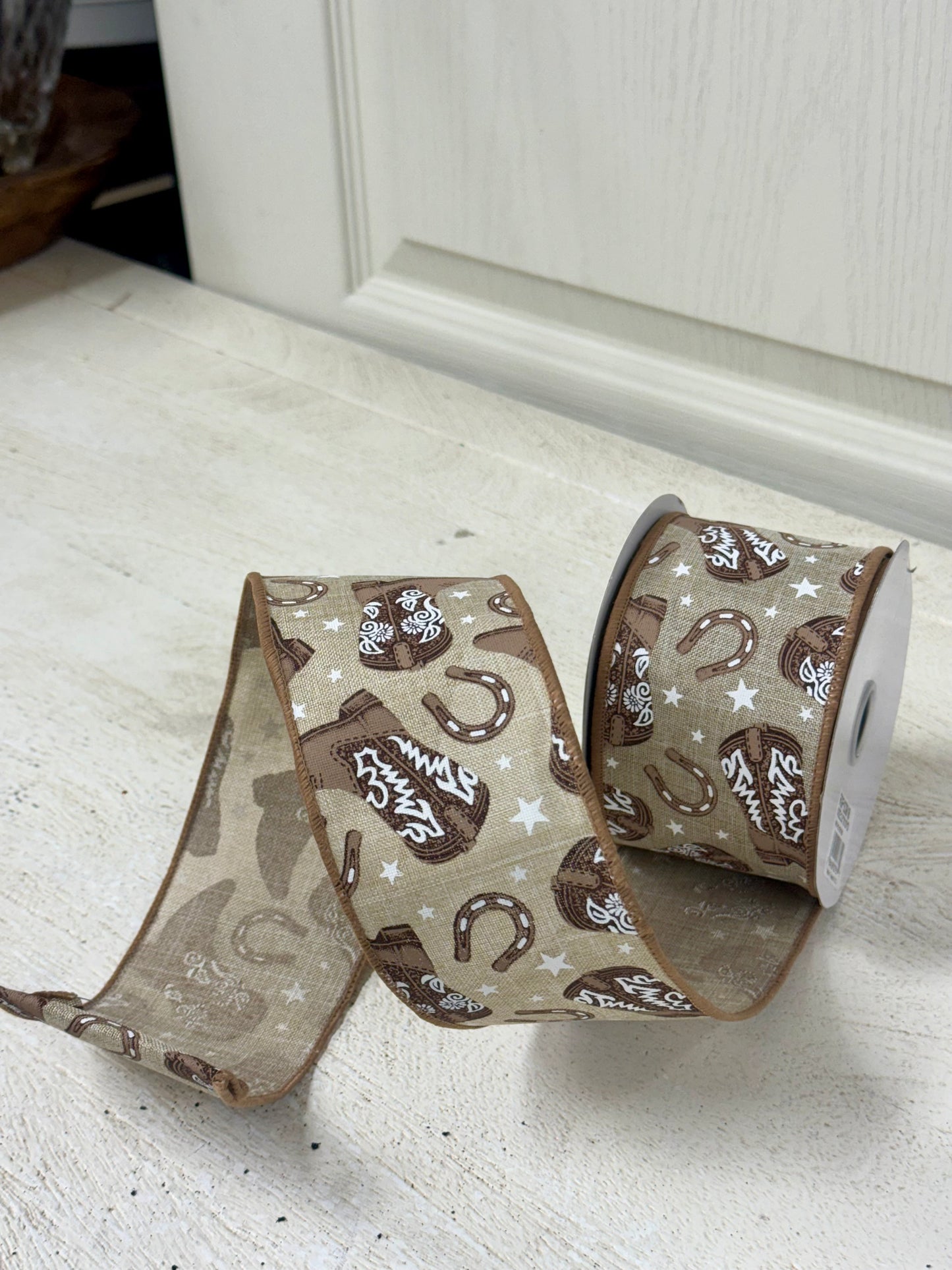 2.5 Inch By 10 Yard Brown Cowboy Boots Ribbon