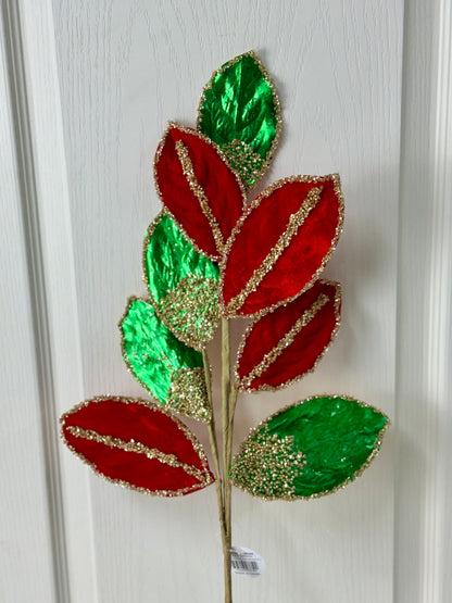 27.5 Inch Red And Green Metallic Velvet Magnolia Leaf Spray