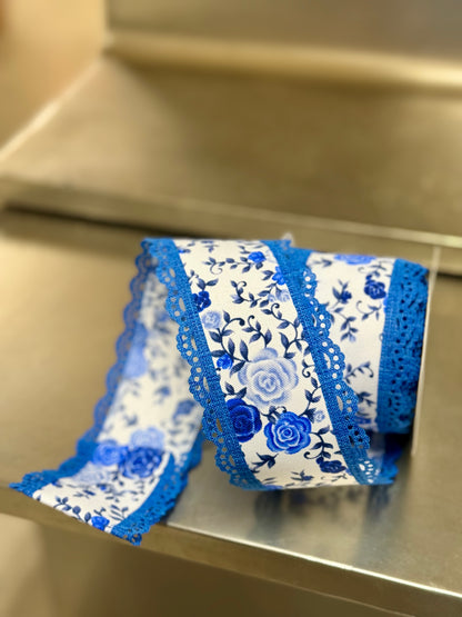 2.5 Inch By 10 Yard White Blue Mini Rose Lace Ribbon