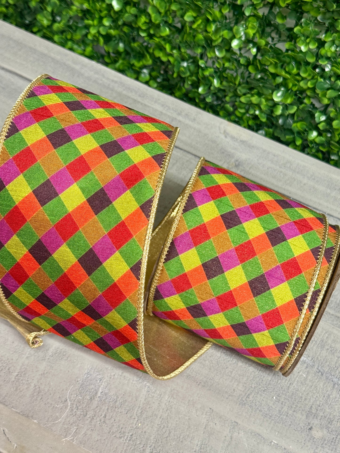 4 Inch By 10 Yard Multi Jewel Tone Check Plaid With Gold Metallic Fused Dupioni Ribbon