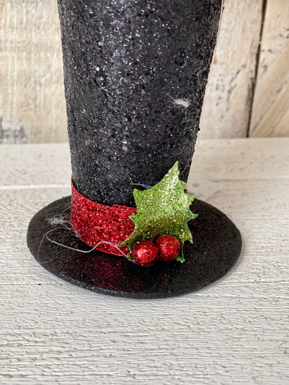 5.25 Inch Black Glitter Snowman Top Hat Ornament