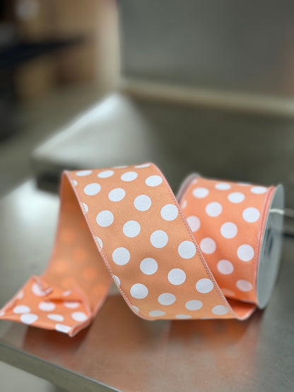 2.5 Inch By 10 Yard Peach And White Polka Dot Ribbon