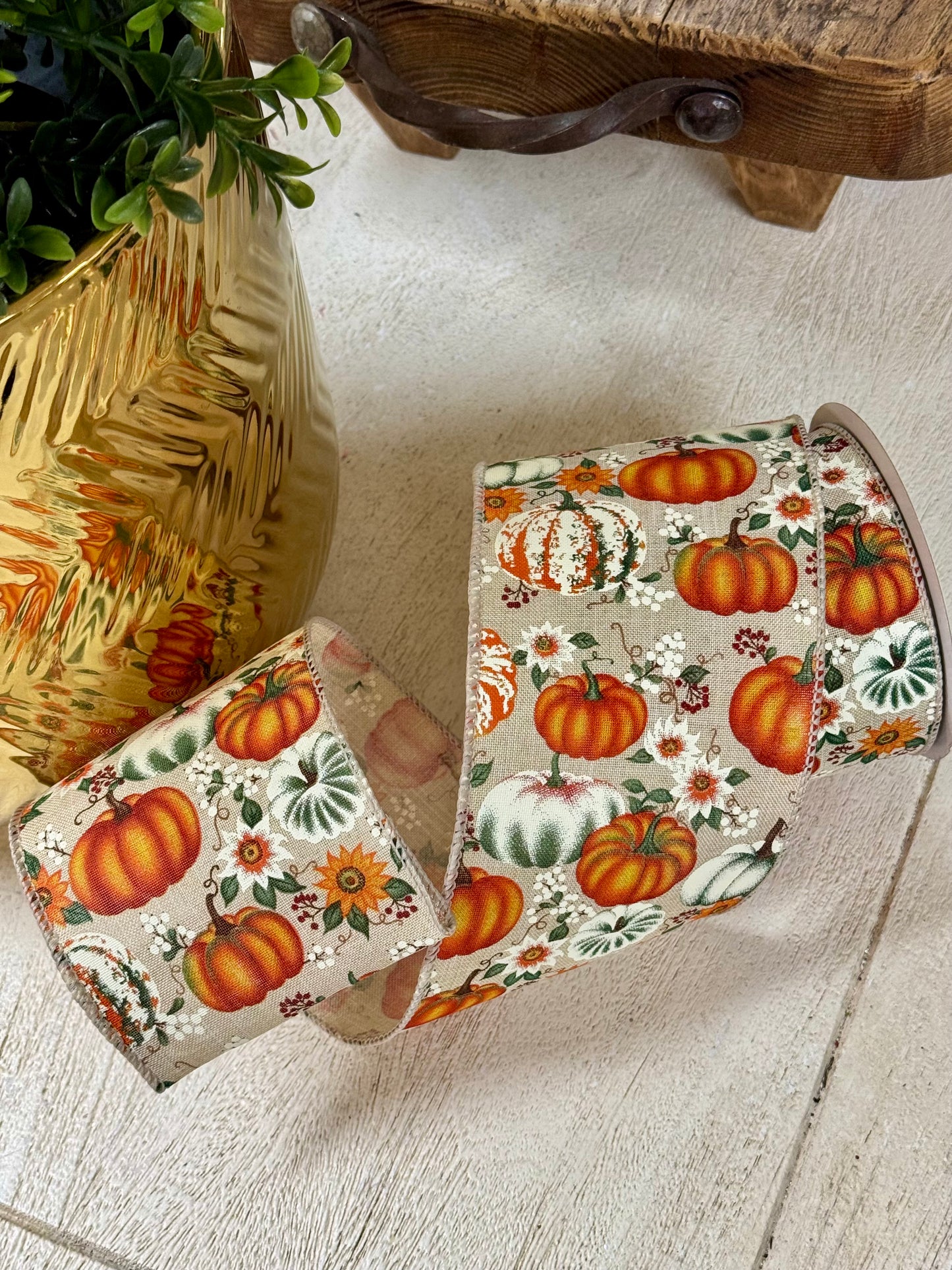 4 Inch By 10 Yard Orange Natural Harvest Pumpkins And Flowers Ribbon