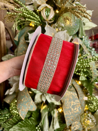 4 Inch By 10 Yard Red Faux Dupioni With Rhinestone Center Stripe Ribbon