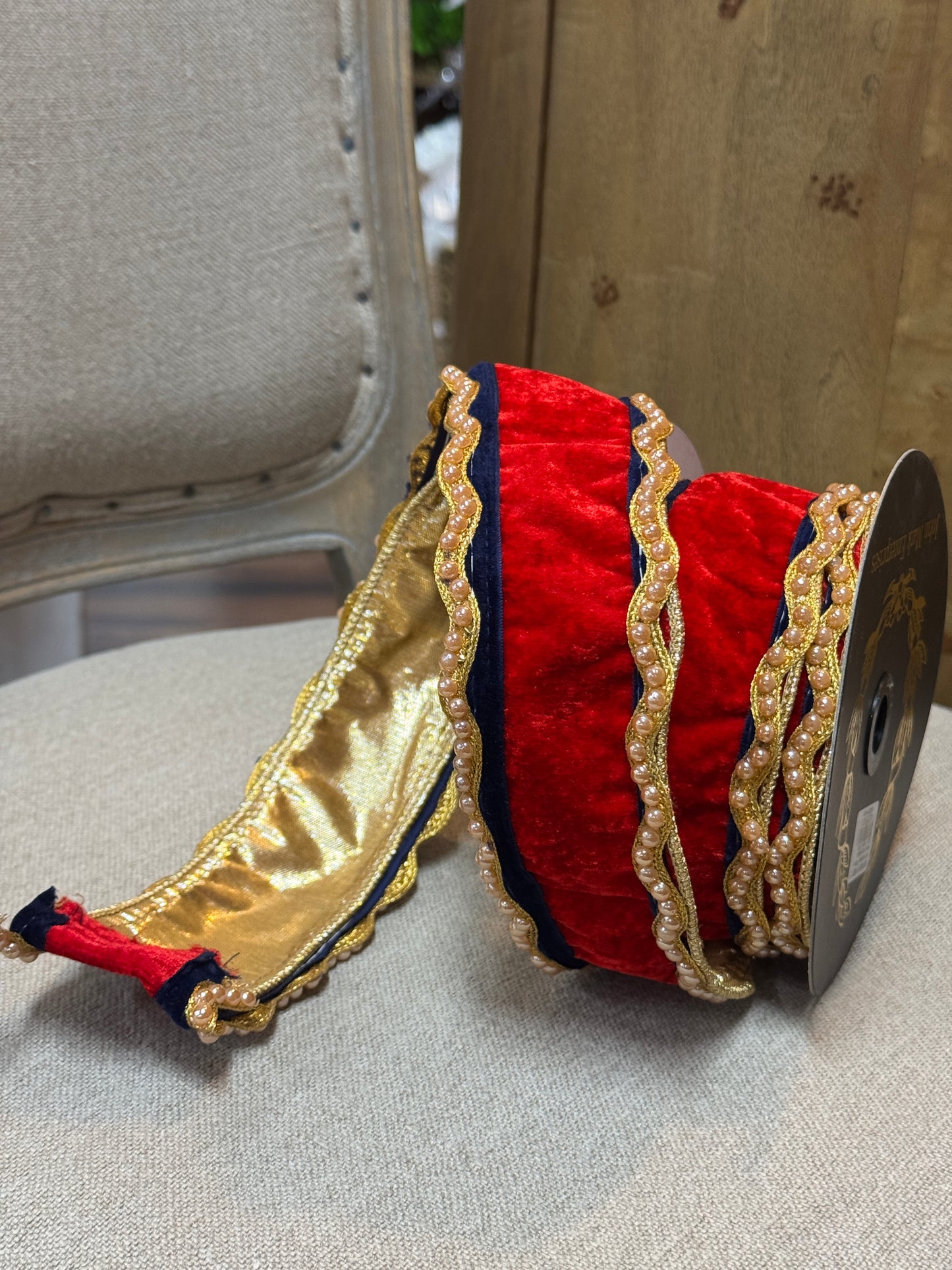 John Mark 2.5 Inch By 10 Yard Red Velvet With Navy And Beaded Trim Edged Ribbon