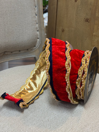 John Mark 2.5 Inch By 10 Yard Red Velvet With Navy And Beaded Trim Edged Ribbon