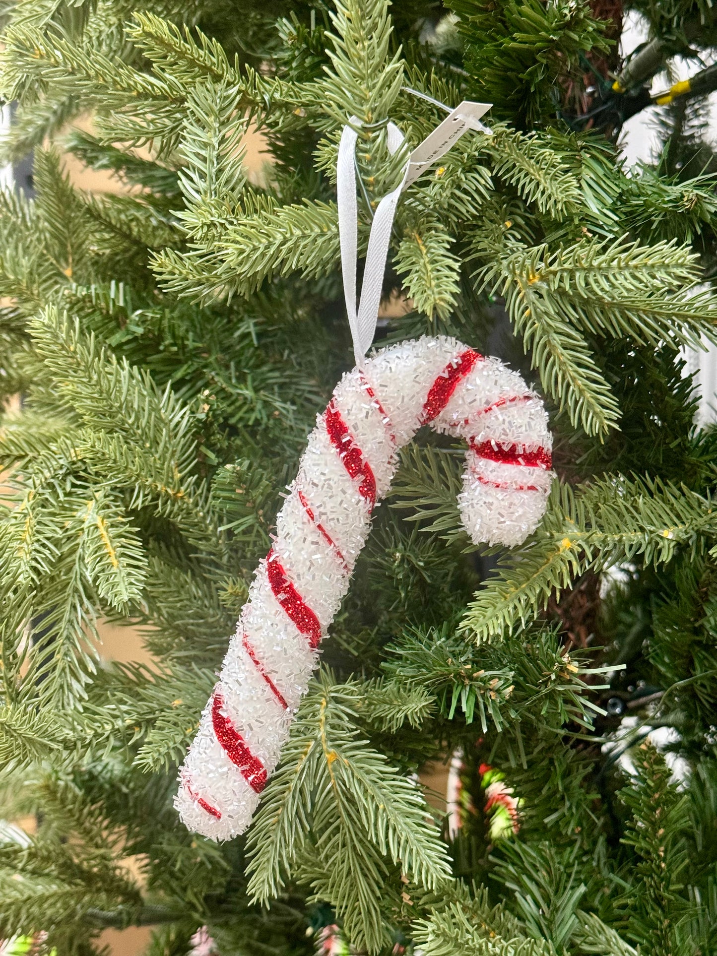 7 Inch Red And White Tinsel Candy Cane Ornament