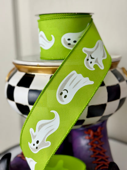 2.5 Inch By 10 Yard Lime Green Background With Ghost Ribbon