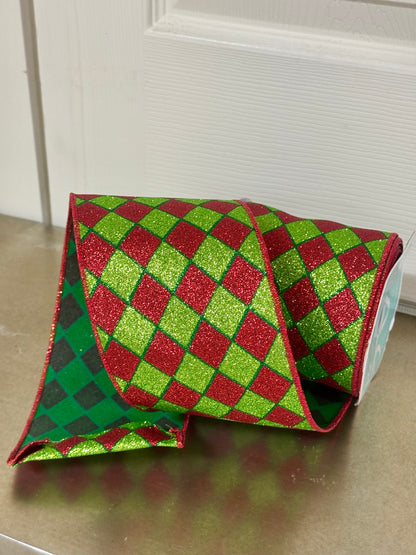 4 Inch By 10 Yard Red And Lime Glitter Harlequin Ribbon