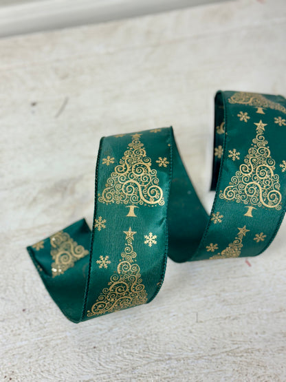 2.5 Inch By 10 Yard Hunter Green And Gold Christmas Tree Ribbon